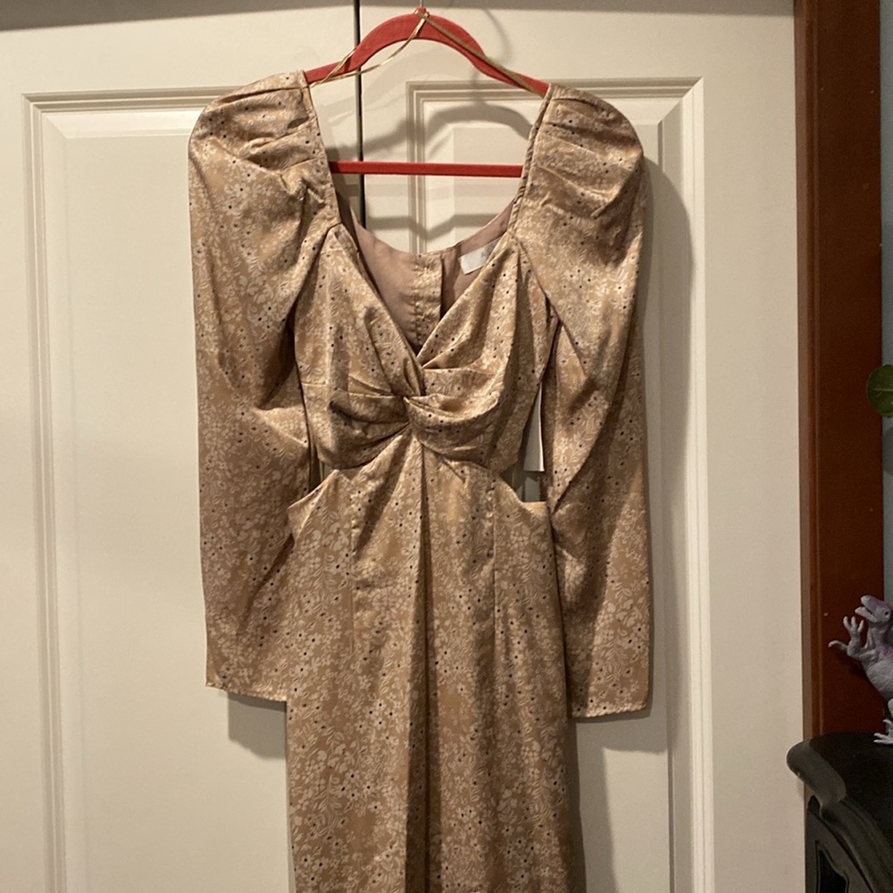 NWT Astr The Label Lainie Long Sleeve Dress. Tie Back. Silky. Size Small. Taupe. - Picture 6 of 11
